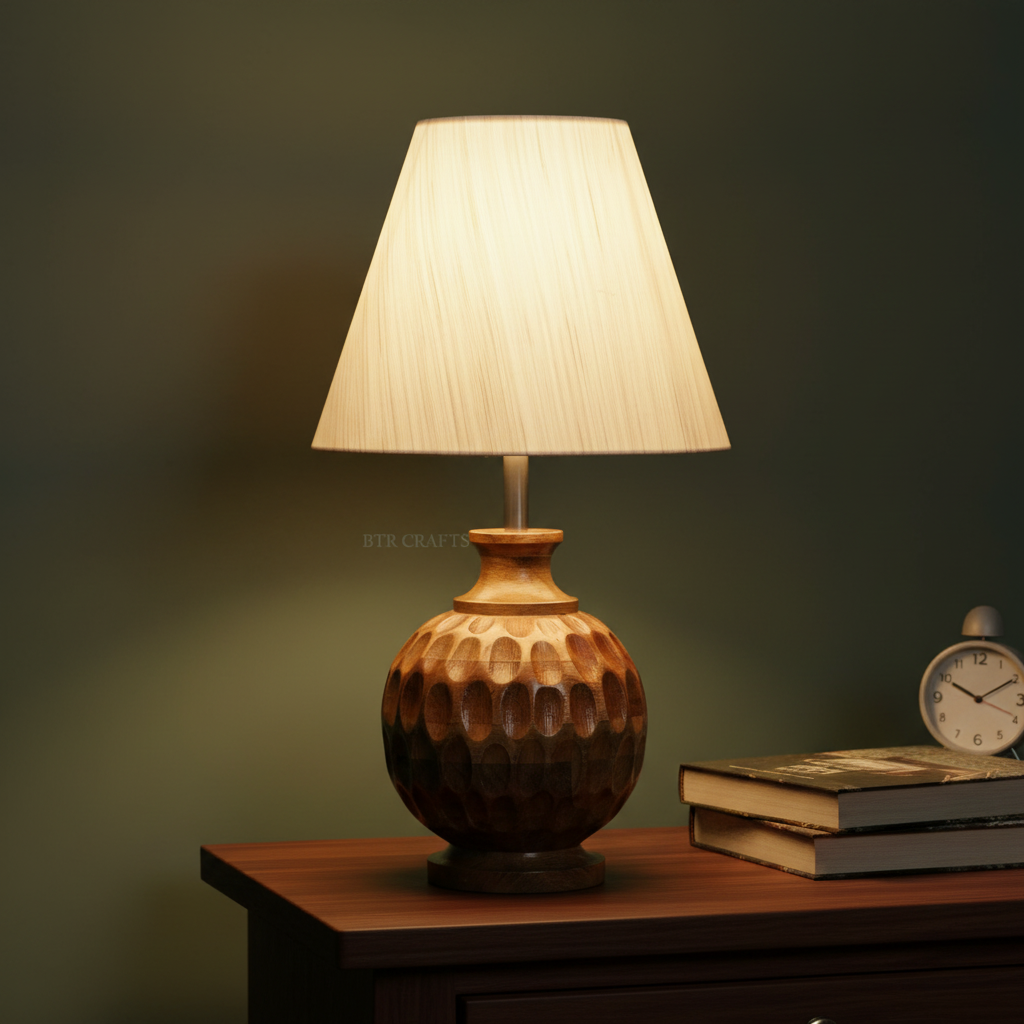 Artisan Carved Wood Table Lamp – Elegant Bedroom & Living Room Accent Light, Pack Of 1(Cream Texture) - Image 8