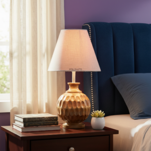 Artisan Carved Wood Table Lamp – Elegant Bedroom & Living Room Accent Light, Pack Of 1(Beige)