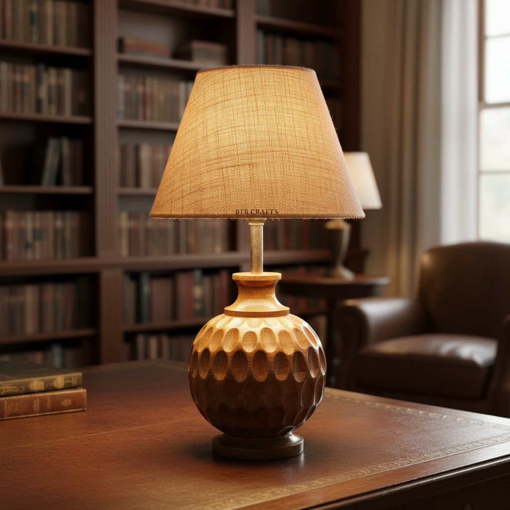 Artisan Carved Wood Table Lamp – Elegant Bedroom & Living Room Accent Light, Pack Of 1(Natural Jute)