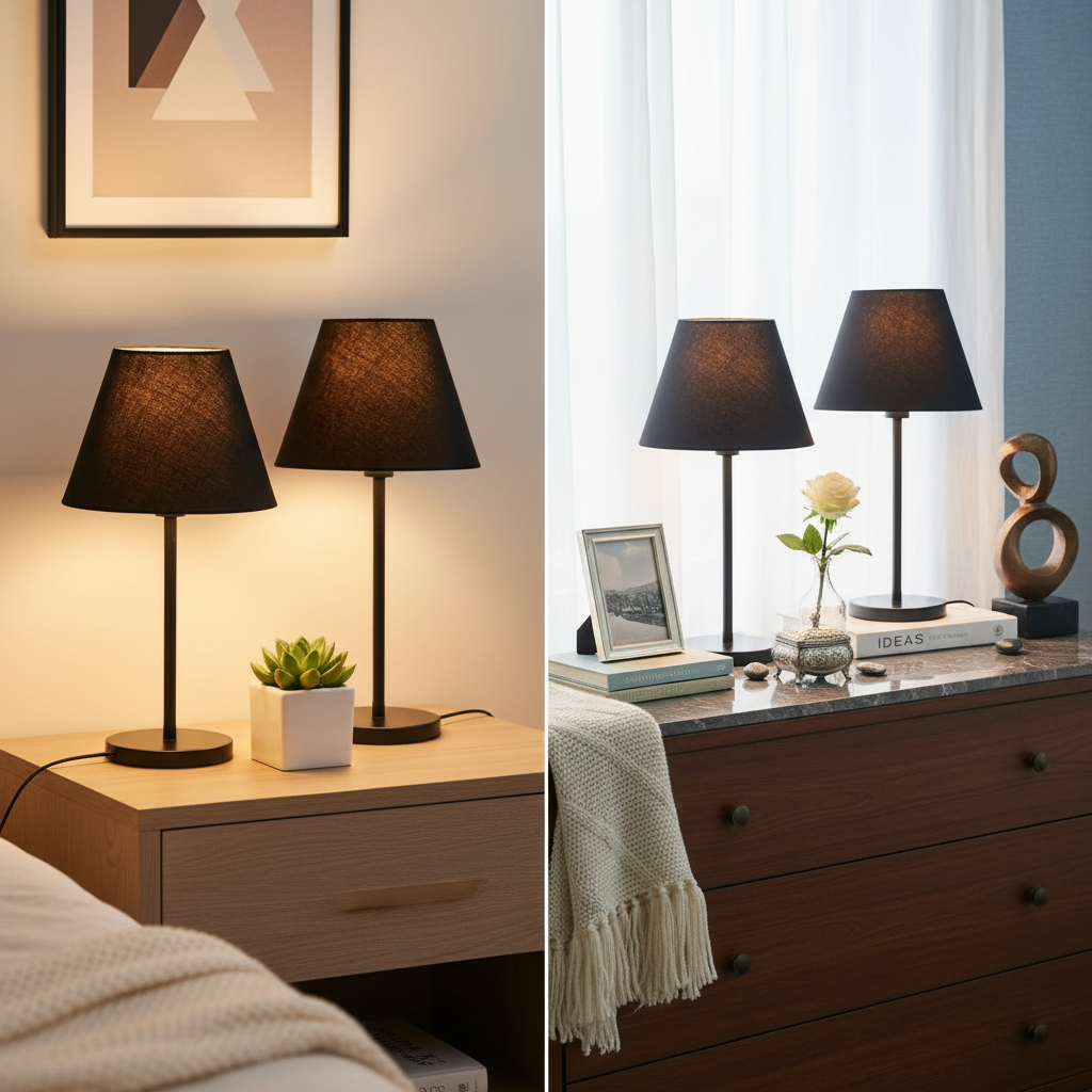 Slim Contemporary Night Lamp – Fabric Shade Accent Light for Home & Office, Pack Of 2(Black) - Image 2