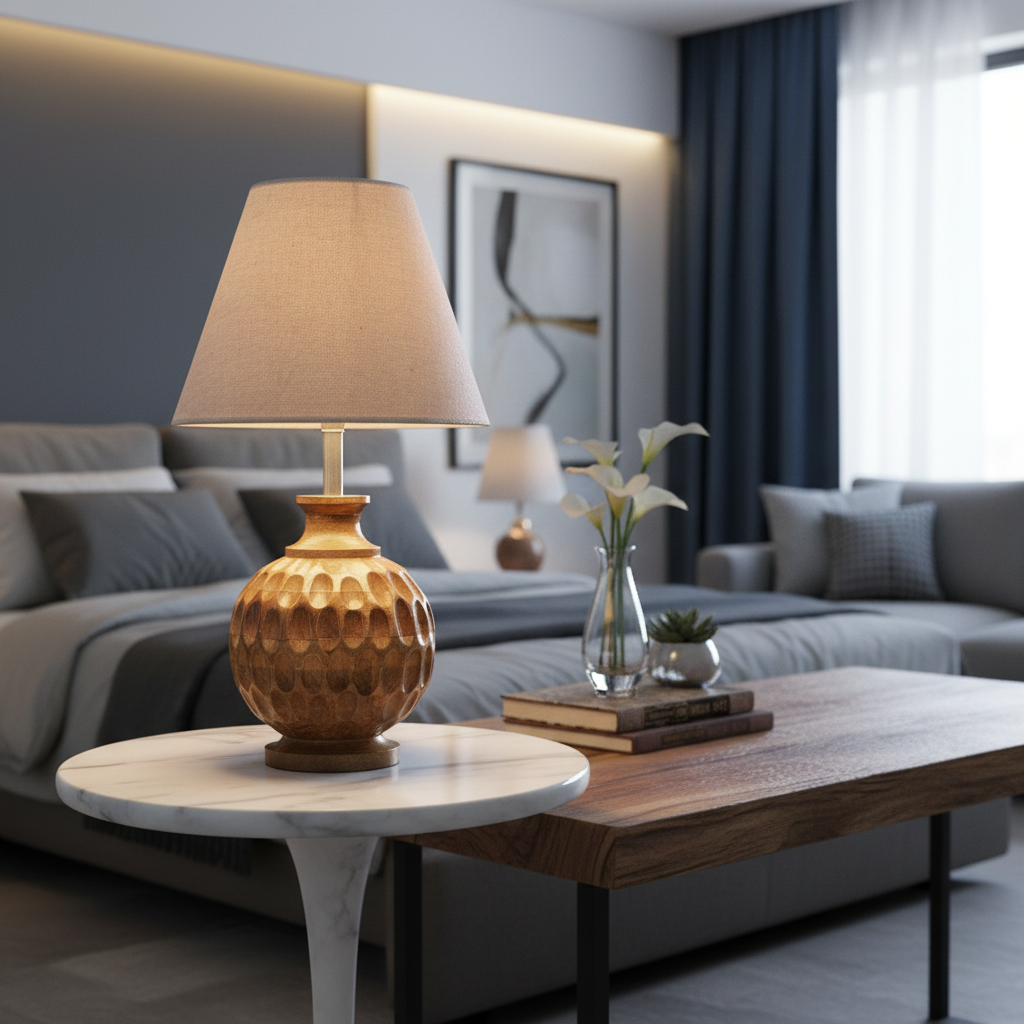 Artisan Carved Wood Table Lamp – Elegant Bedroom & Living Room Accent Light, Pack Of 1(Beige) - Image 9