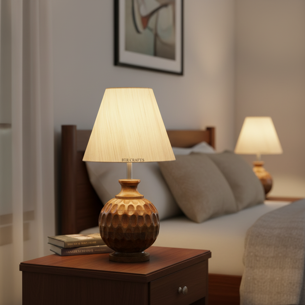 Artisan Carved Wood Table Lamp – Elegant Bedroom & Living Room Accent Light, Pack Of 1(Cream Texture) - Image 11