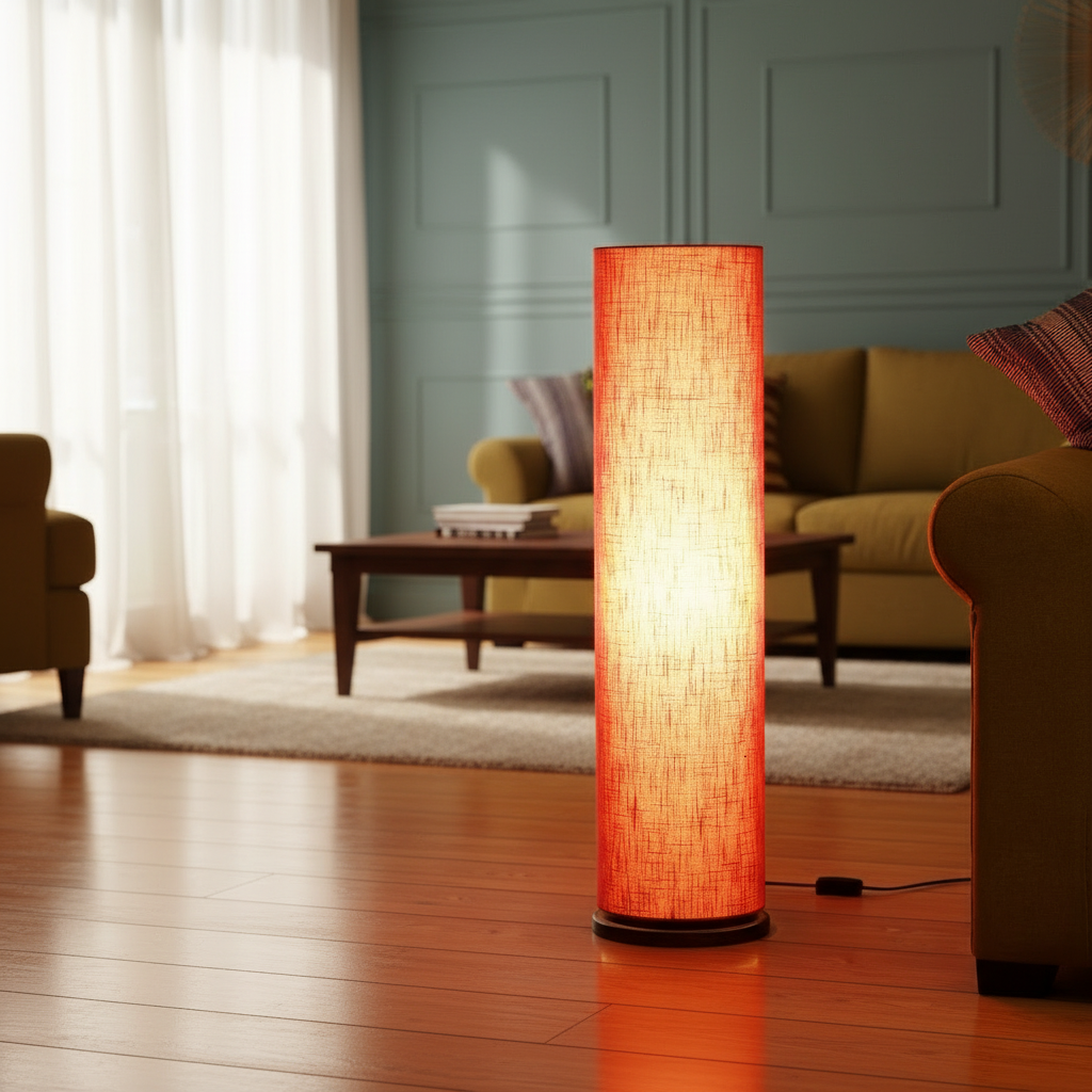 Wooden Base Cylinder Shape Corner Decorative Floor Lamp, Red Texture - Pack Of 1 - Image 2