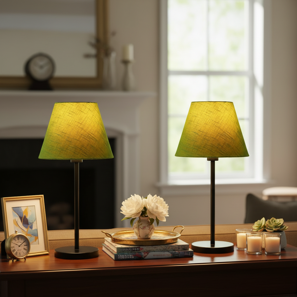 Slim Contemporary Night Lamp – Fabric Shade Accent Light for Home & Office, Pack Of 2(Green Texture)