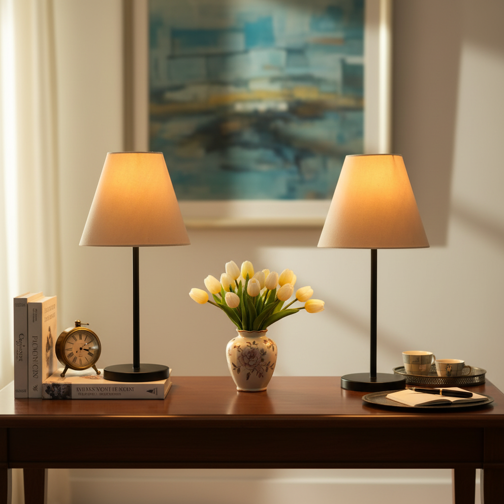 Slim Contemporary Night Lamp – Fabric Shade Accent Light for Home & Office, Pack Of 2(Cream) - Image 2