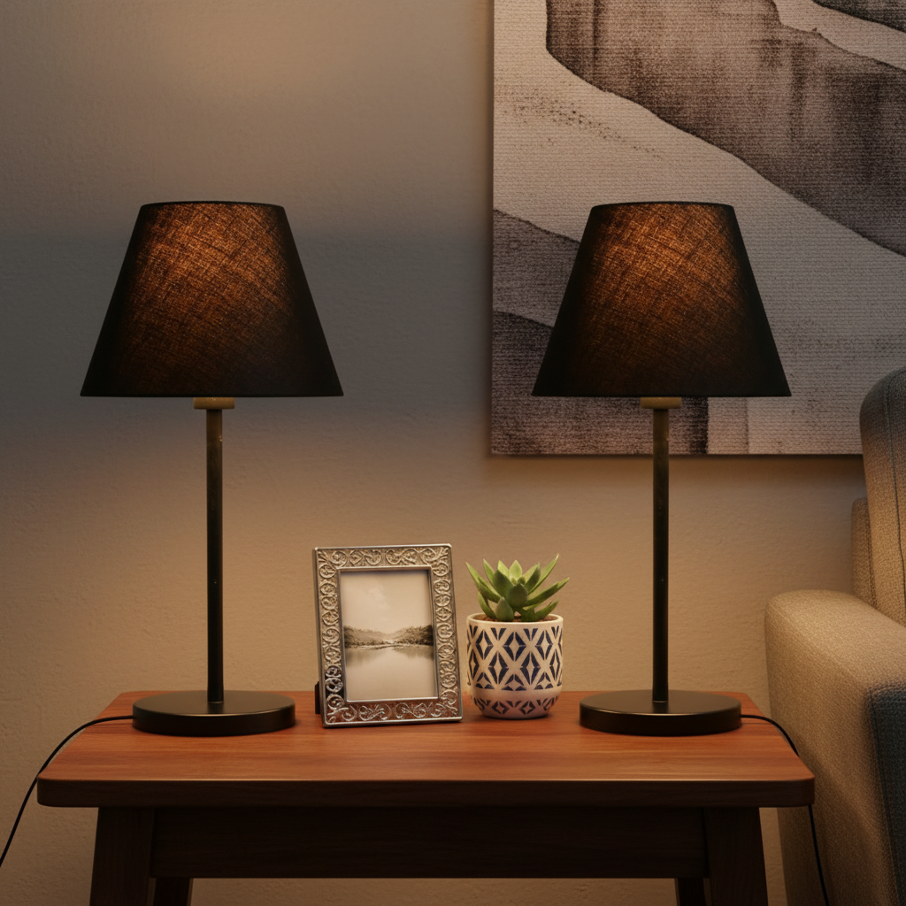 Slim Contemporary Night Lamp – Fabric Shade Accent Light for Home & Office, Pack Of 2(Black) - Image 6