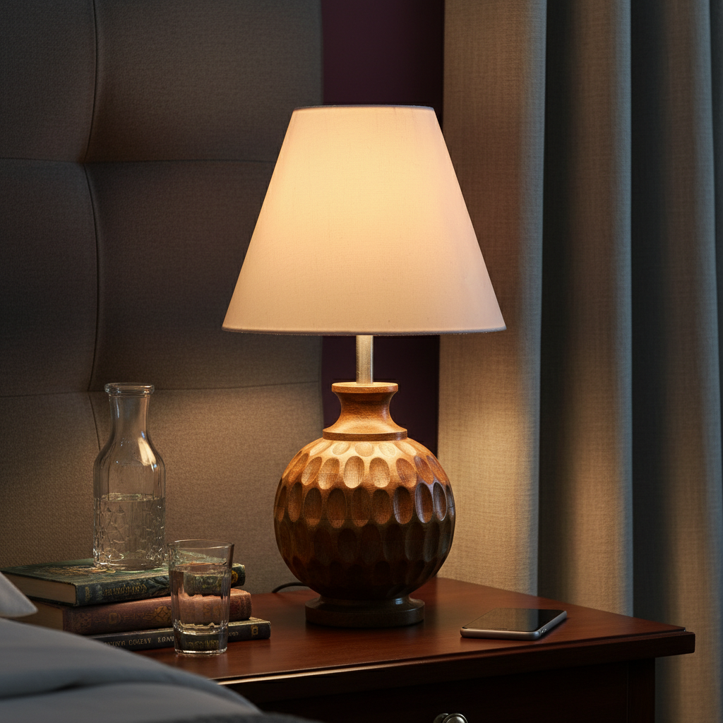 Artisan Carved Wood Table Lamp – Elegant Bedroom & Living Room Accent Light, Pack Of 1(Cream)