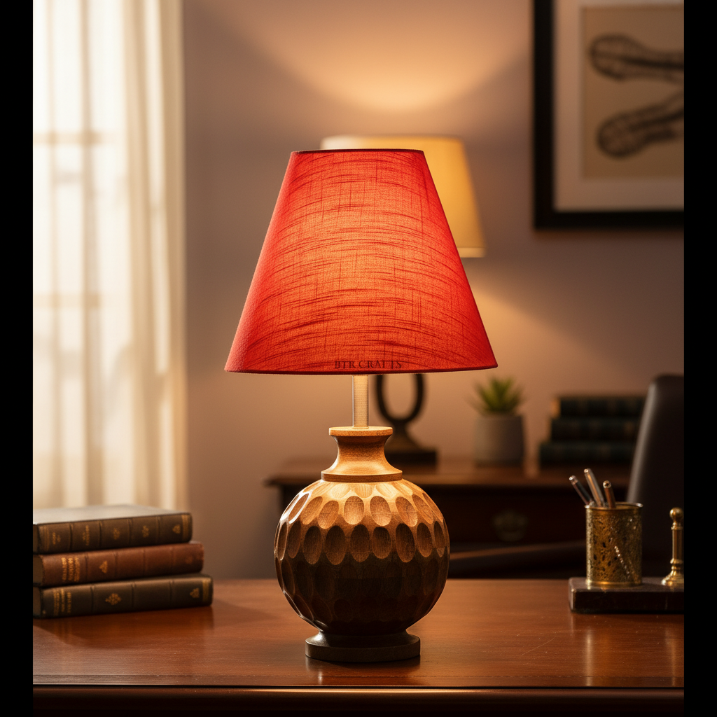Artisan Carved Wood Table Lamp – Elegant Bedroom & Living Room Accent Light, Pack Of 1(Red Texture) - Image 8