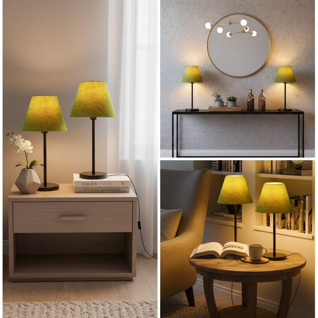 Slim Contemporary Night Lamp – Fabric Shade Accent Light for Home & Office, Pack Of 2(Green Texture) - Image 6