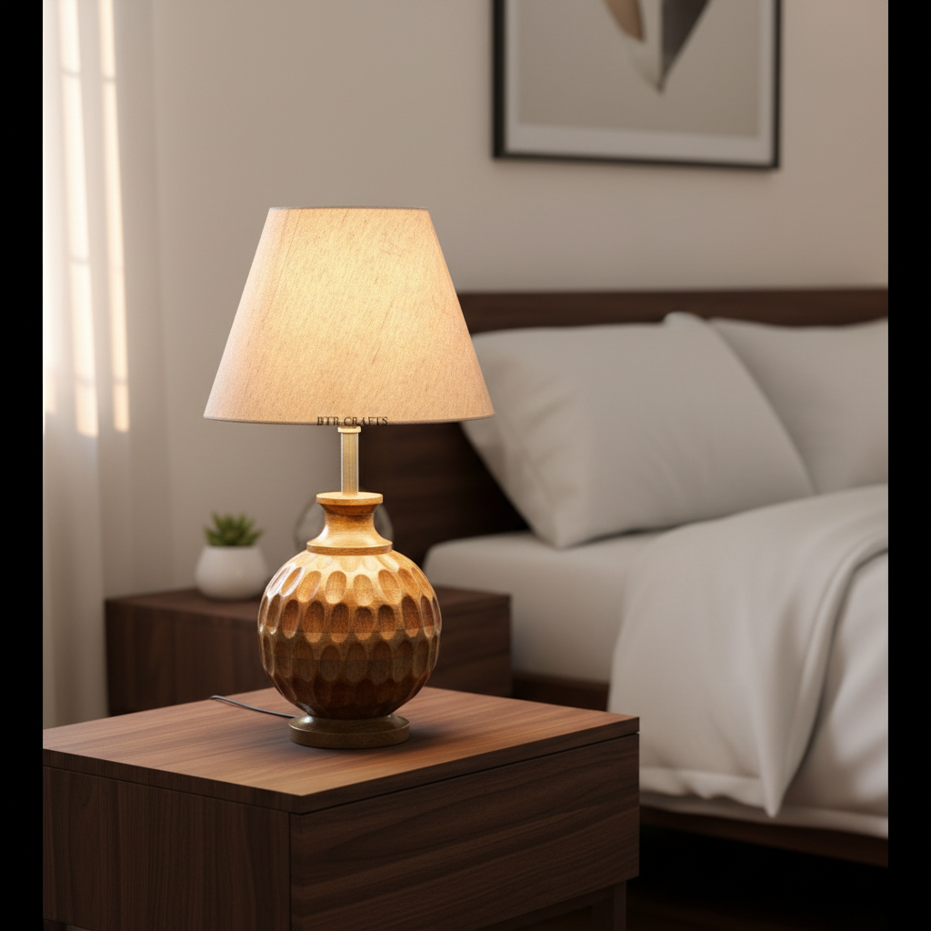 Artisan Carved Wood Table Lamp – Elegant Bedroom & Living Room Accent Light, Pack Of 1(Premium Jute) - Image 2