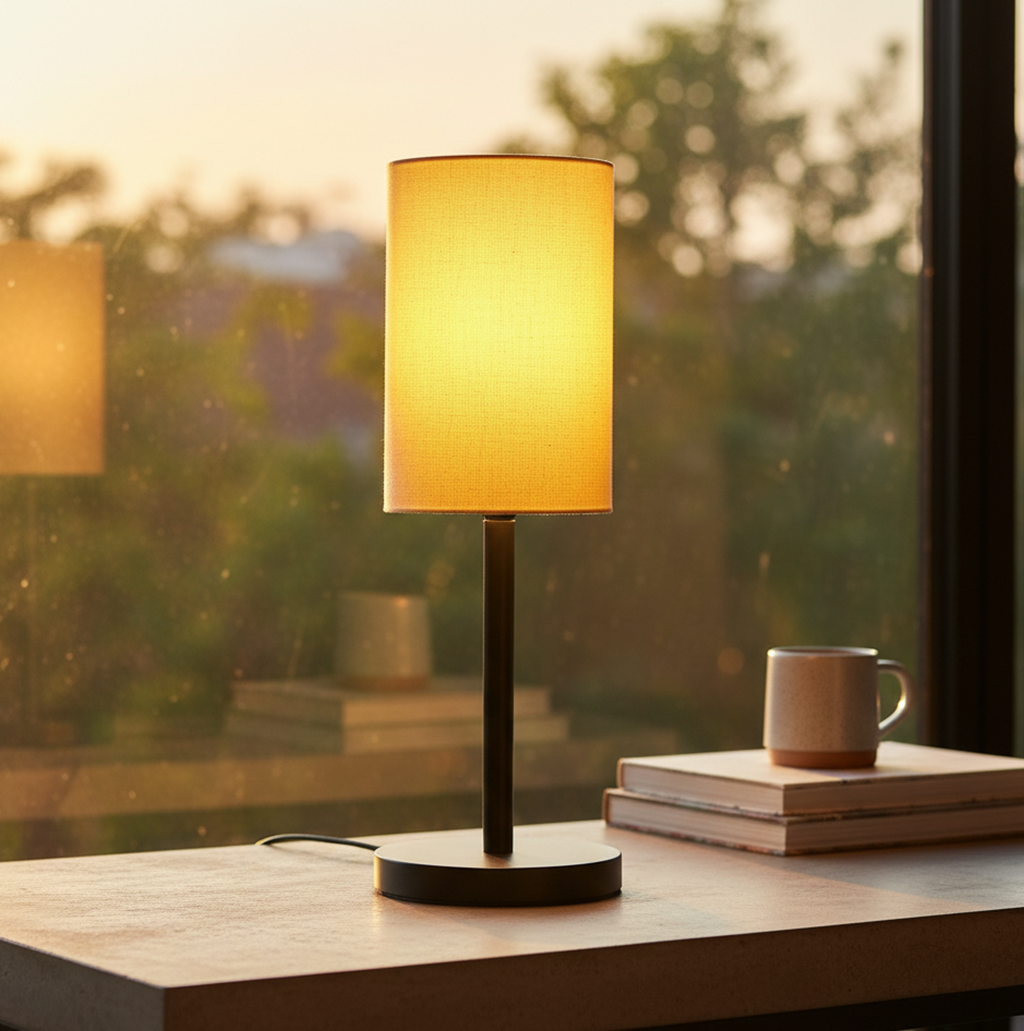 Black Bedside Lamp with Cylinder Fabric Shade Minimalist Lamp for Bedroom, Living Room & Office – Warm Ambient Nightstand Light(Dark Yellow)