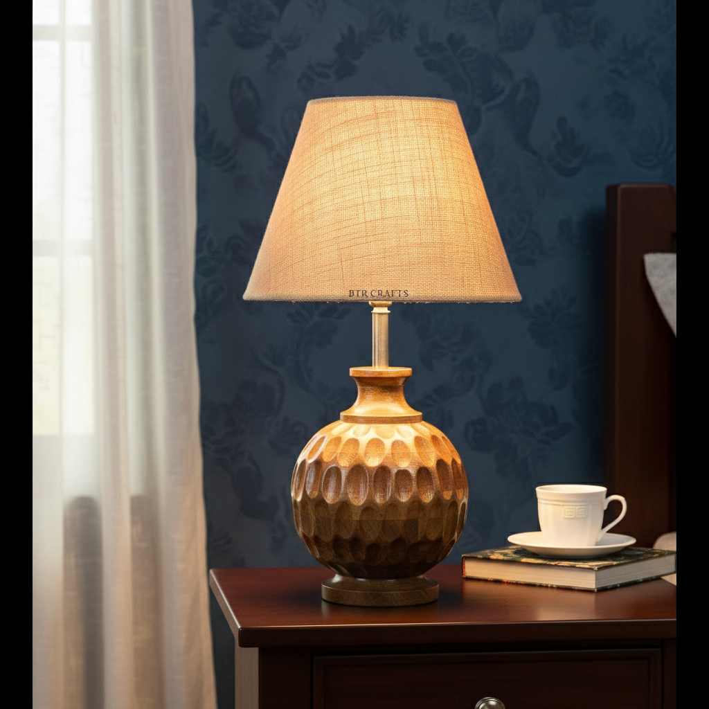 Artisan Carved Wood Table Lamp – Elegant Bedroom & Living Room Accent Light, Pack Of 1(Natural Jute) - Image 3