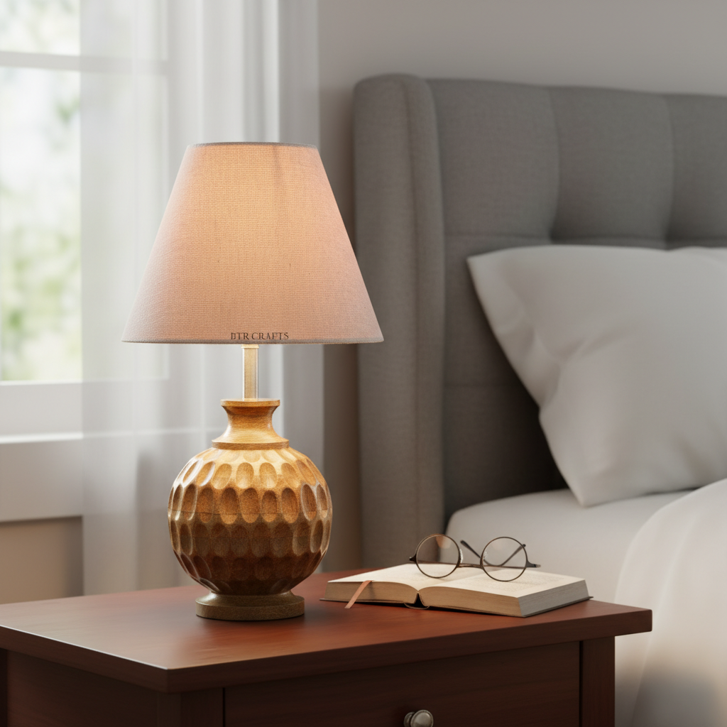 Artisan Carved Wood Table Lamp – Elegant Bedroom & Living Room Accent Light, Pack Of 1(Beige) - Image 6