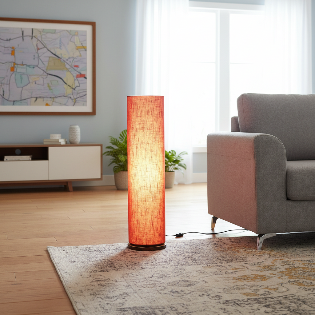 Wooden Base Cylinder Shape Corner Decorative Floor Lamp, Red Texture - Pack Of 1 - Image 9