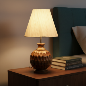 Artisan Carved Wood Table Lamp – Elegant Bedroom & Living Room Accent Light, Pack Of 1(Cream Texture)