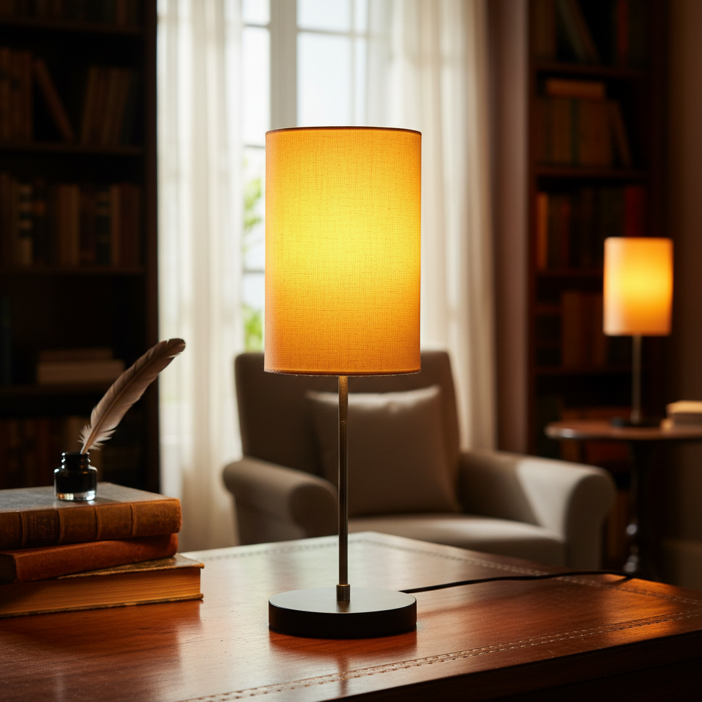 Minimalist Desk Lamp with Black Round Base – Soft Warm Lighting for Living Room & Study, Pack Of 1(Yellow Cylinder)