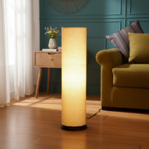 Wooden Base Cylinder Shape Corner Decorative Floor Lamp, Beige- Pack Of 1