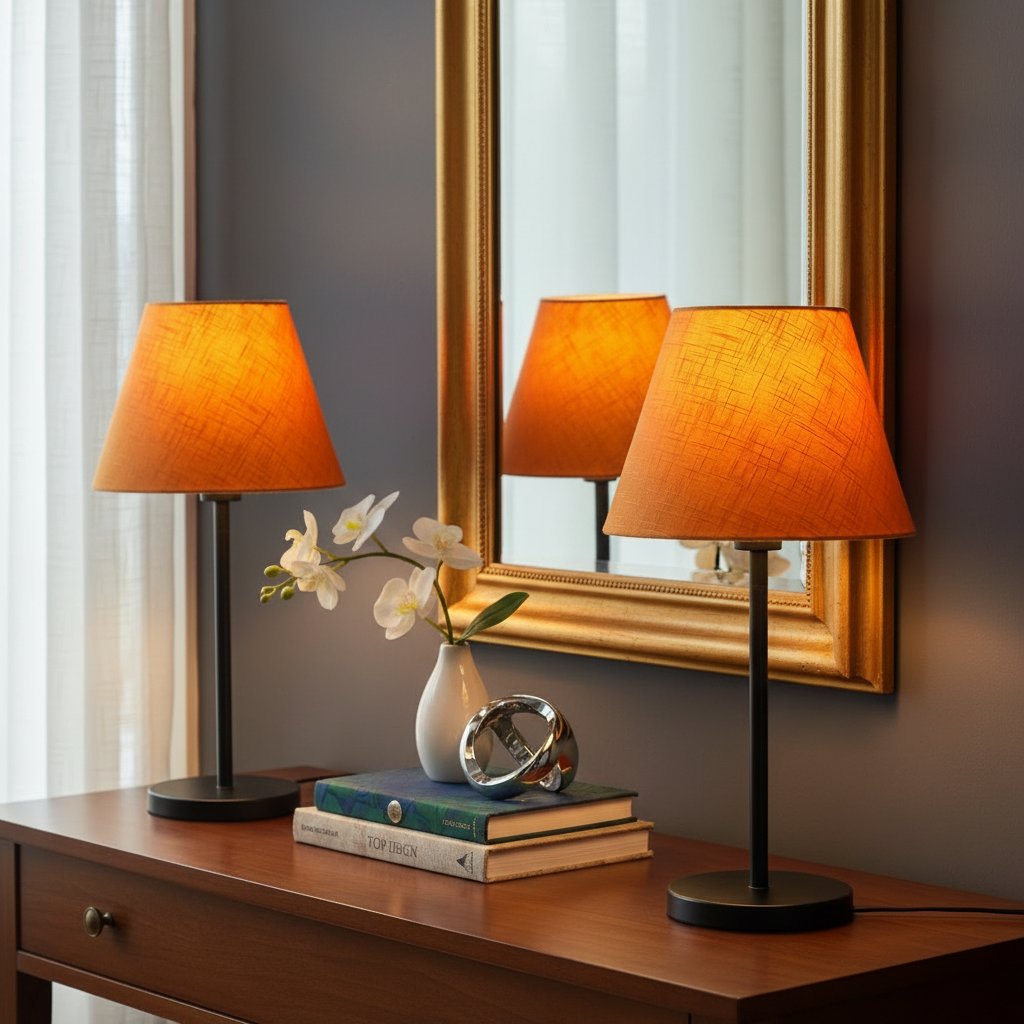 Slim Contemporary Night Lamp – Fabric Shade Accent Light for Home & Office, Pack Of 2(Orange Texture)