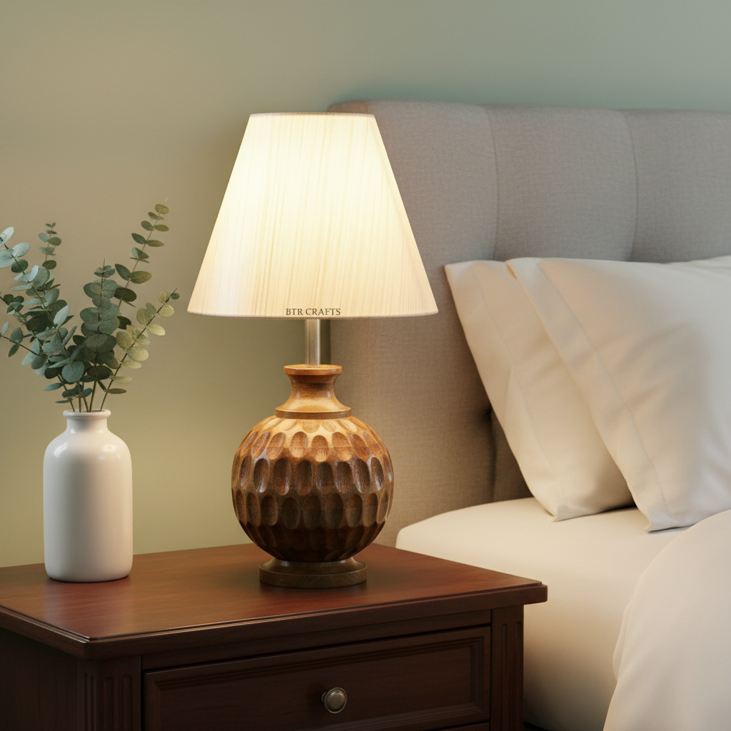 Artisan Carved Wood Table Lamp – Elegant Bedroom & Living Room Accent Light, Pack Of 1(Cream Texture) - Image 9