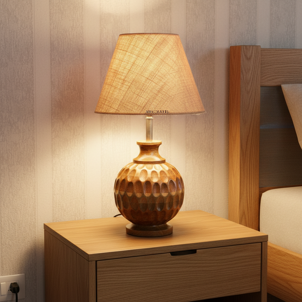 Artisan Carved Wood Table Lamp – Elegant Bedroom & Living Room Accent Light, Pack Of 1(Natural Jute) - Image 8