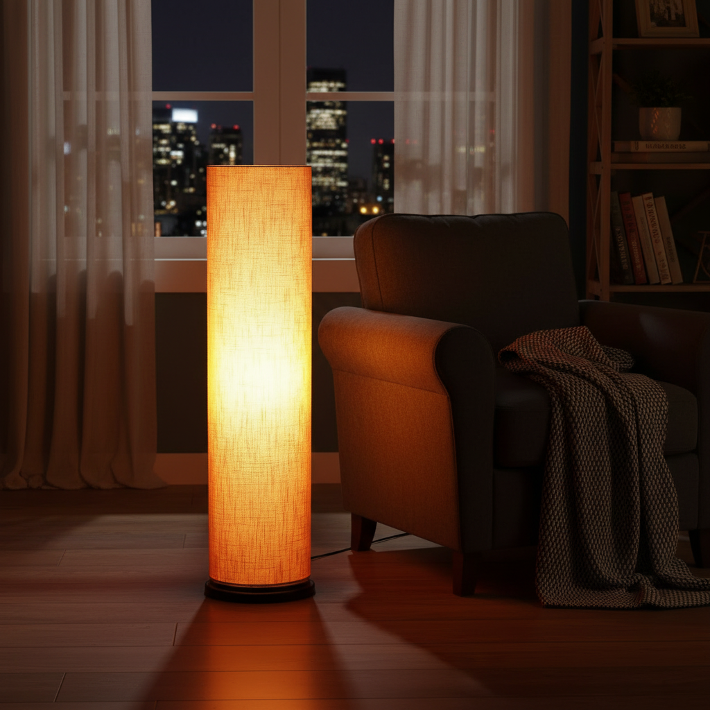Wooden Base Cylinder Shape Corner Decorative Floor Lamp, Orange Texture - Pack Of 1