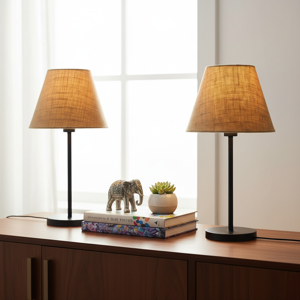 Slim Contemporary Night Lamp – Fabric Shade Accent Light for Home & Office, Pack Of 2(Natural Jute) - Image 6