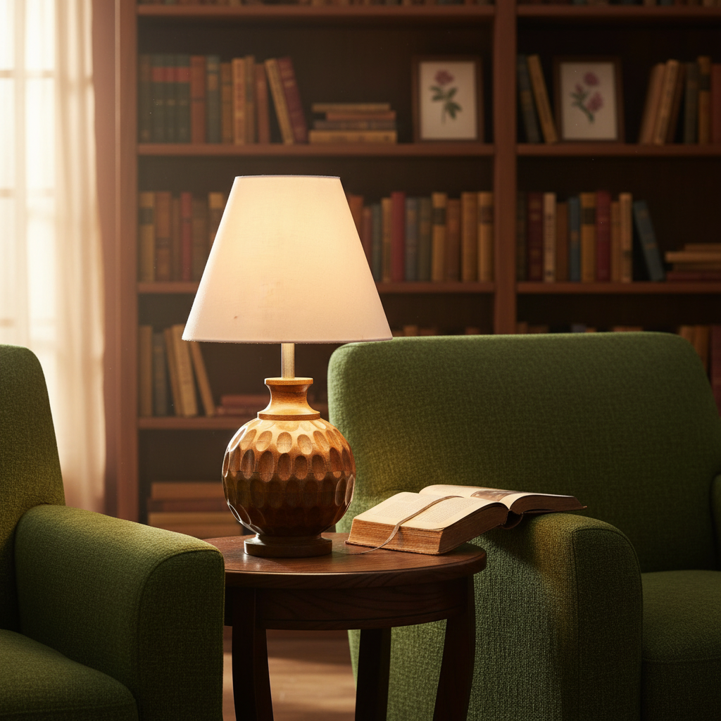 Artisan Carved Wood Table Lamp – Elegant Bedroom & Living Room Accent Light, Pack Of 1(Cream) - Image 2