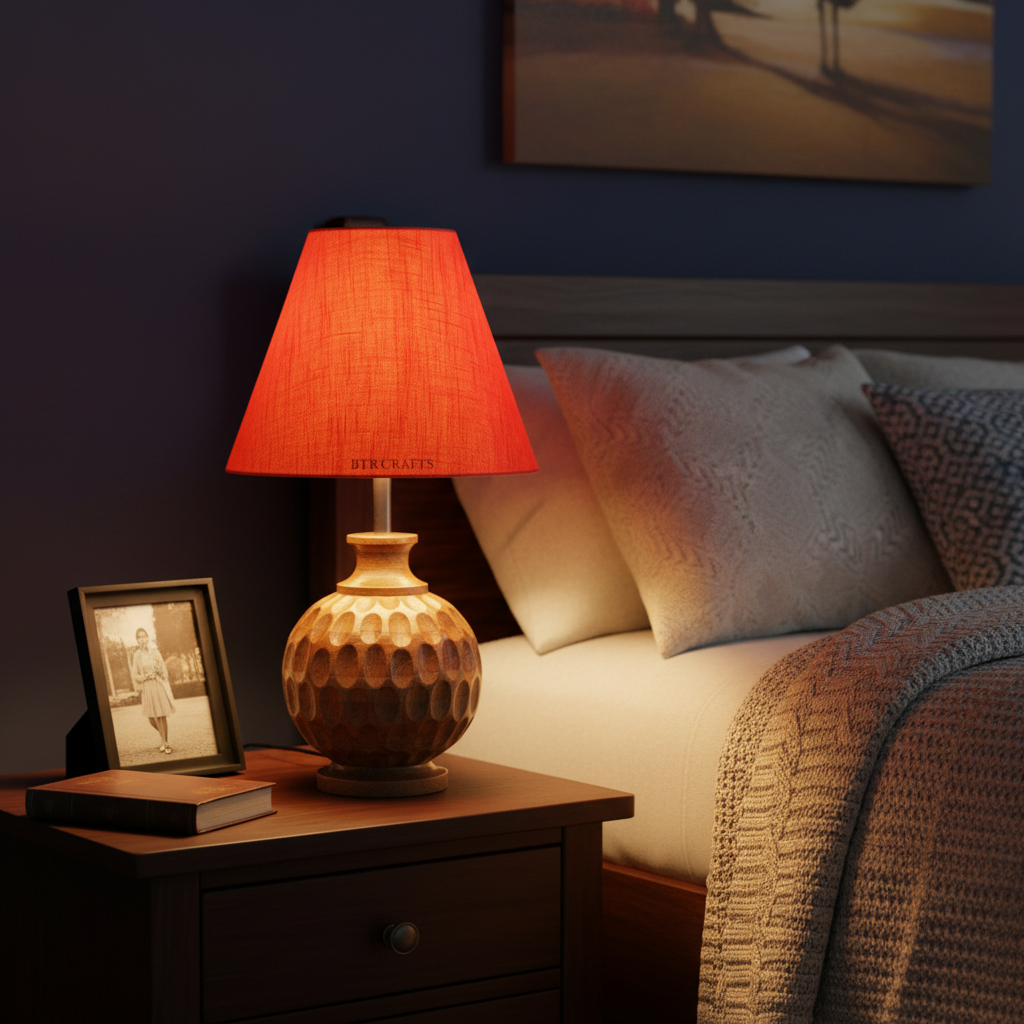 Artisan Carved Wood Table Lamp – Elegant Bedroom & Living Room Accent Light, Pack Of 1(Red Texture) - Image 3