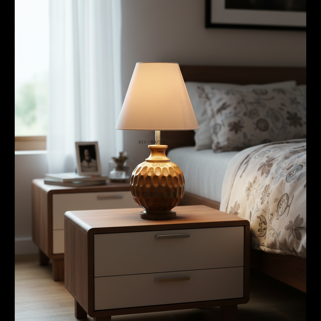 Artisan Carved Wood Table Lamp – Elegant Bedroom & Living Room Accent Light, Pack Of 1(Cream) - Image 6