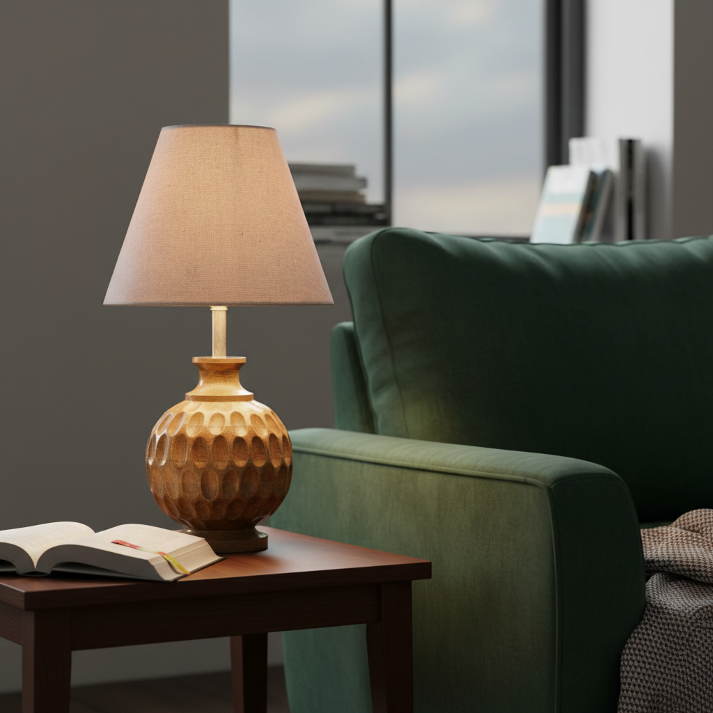 Artisan Carved Wood Table Lamp – Elegant Bedroom & Living Room Accent Light, Pack Of 1(Beige) - Image 3