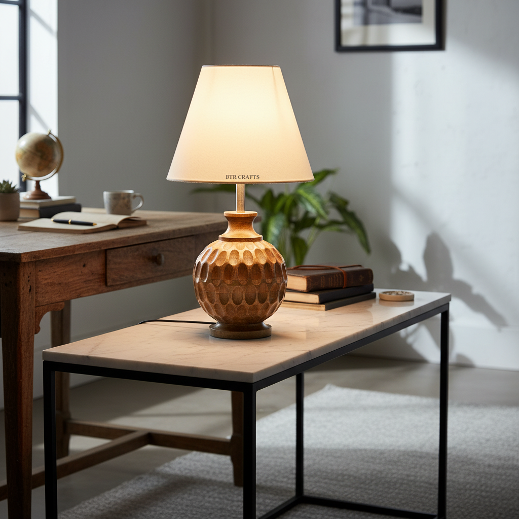 Artisan Carved Wood Table Lamp – Elegant Bedroom & Living Room Accent Light, Pack Of 1(White) - Image 2