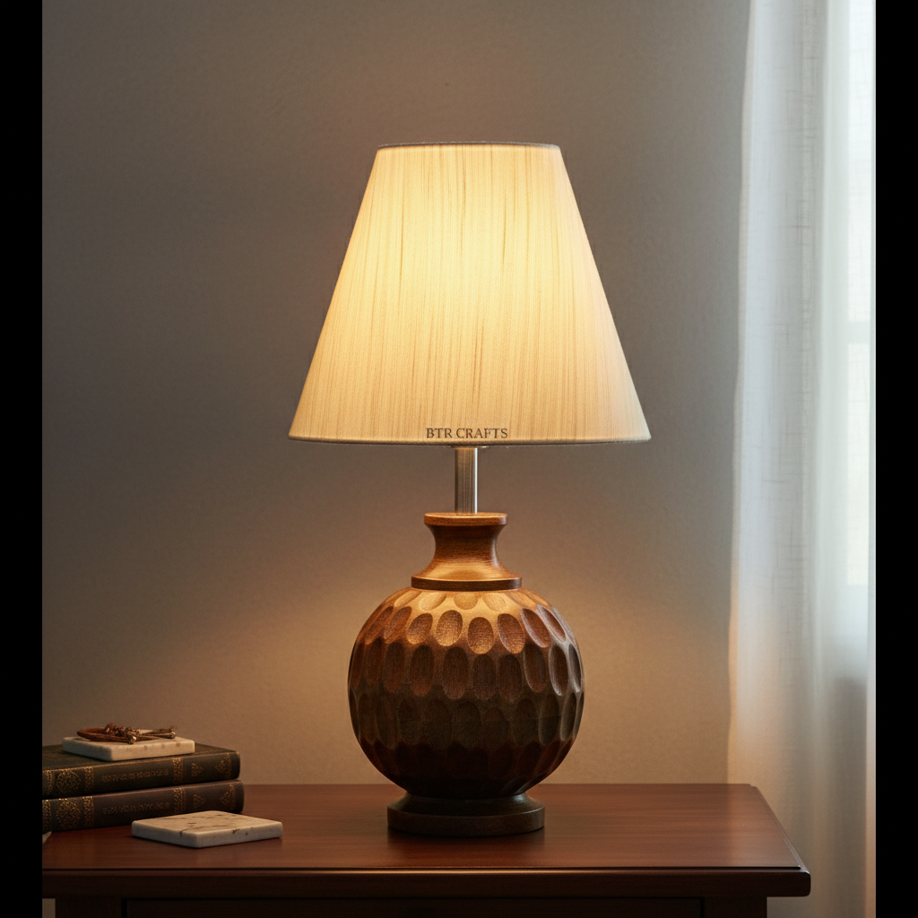 Artisan Carved Wood Table Lamp – Elegant Bedroom & Living Room Accent Light, Pack Of 1(Cream Texture) - Image 5
