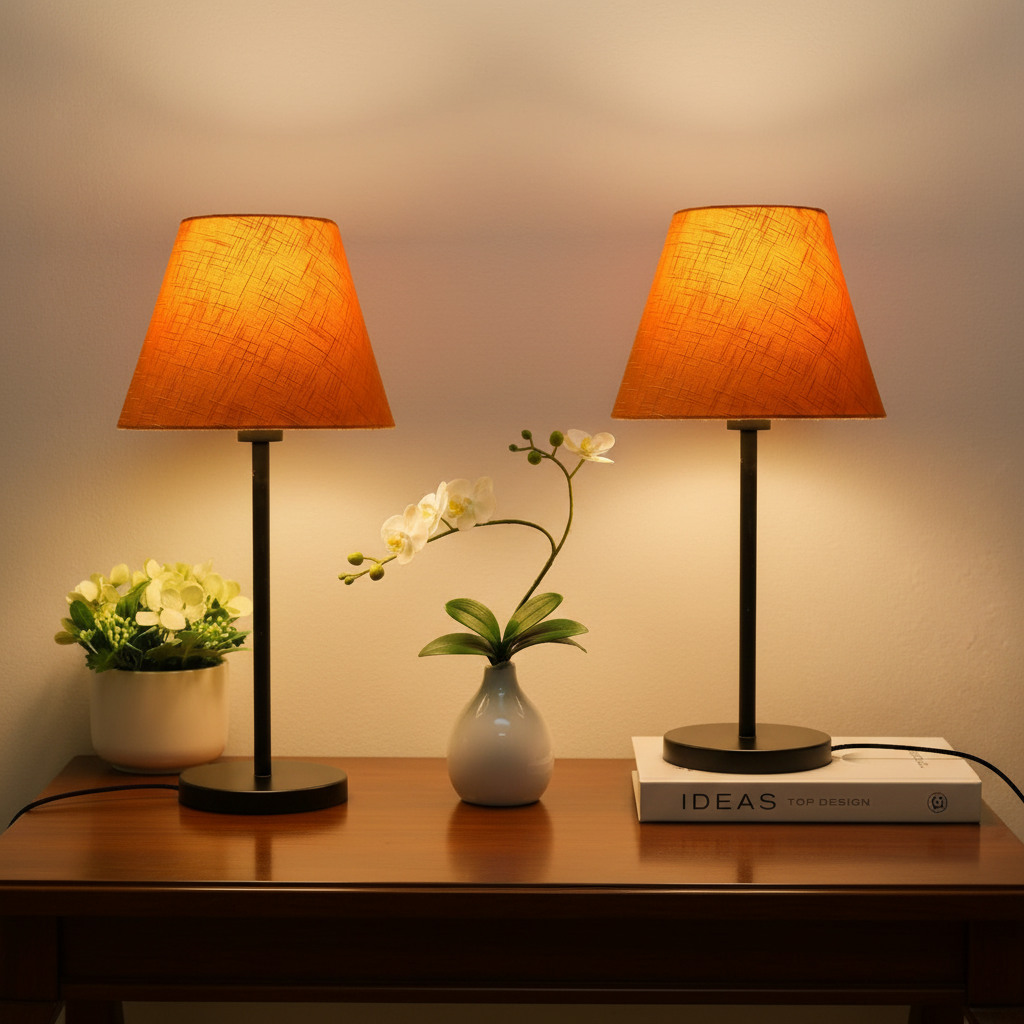 Slim Contemporary Night Lamp – Fabric Shade Accent Light for Home & Office, Pack Of 2(Orange Texture) - Image 5