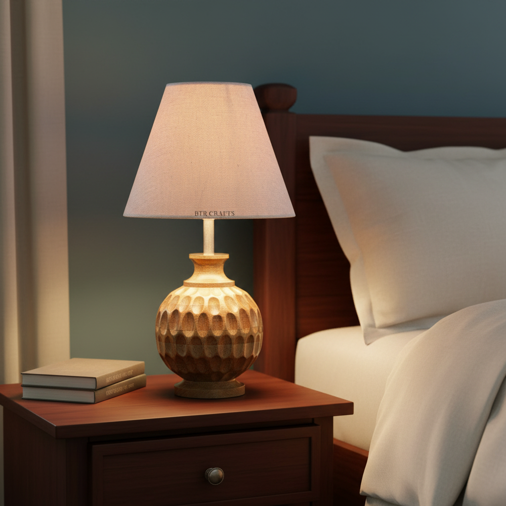 Artisan Carved Wood Table Lamp – Elegant Bedroom & Living Room Accent Light, Pack Of 1(Beige) - Image 2