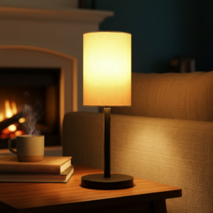 Black Bedside Lamp with Cylinder Fabric Shade Minimalist Lamp for Bedroom, Living Room & Office – Warm Ambient Nightstand Light(Cream)