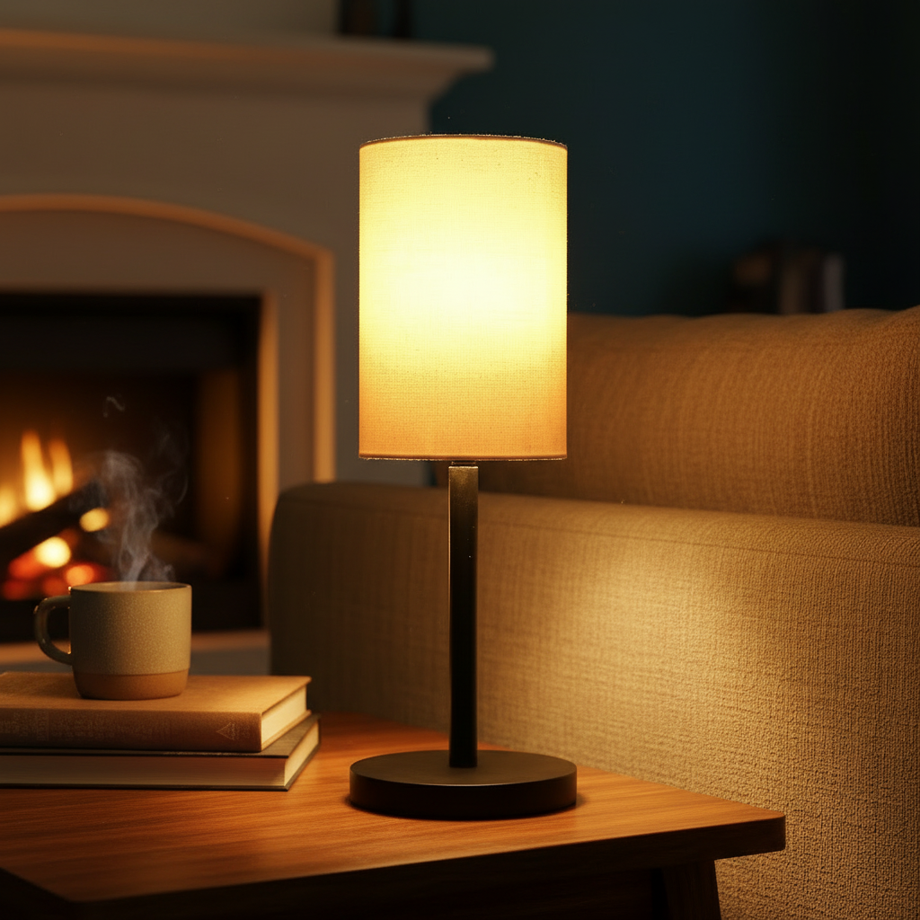 Black Bedside Lamp with Cylinder Fabric Shade Minimalist Lamp for Bedroom, Living Room & Office – Warm Ambient Nightstand Light(Cream)