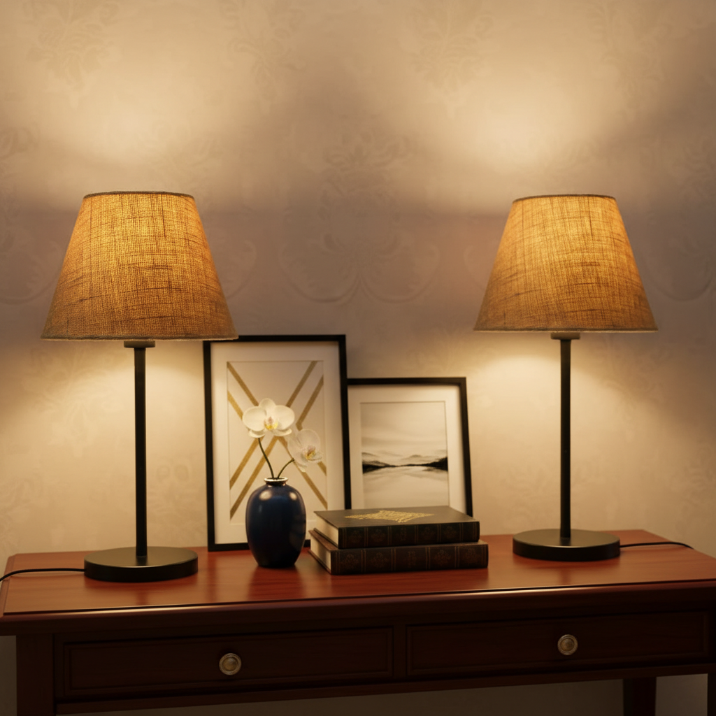 Slim Contemporary Night Lamp – Fabric Shade Accent Light for Home & Office, Pack Of 2(Natural Jute) - Image 5