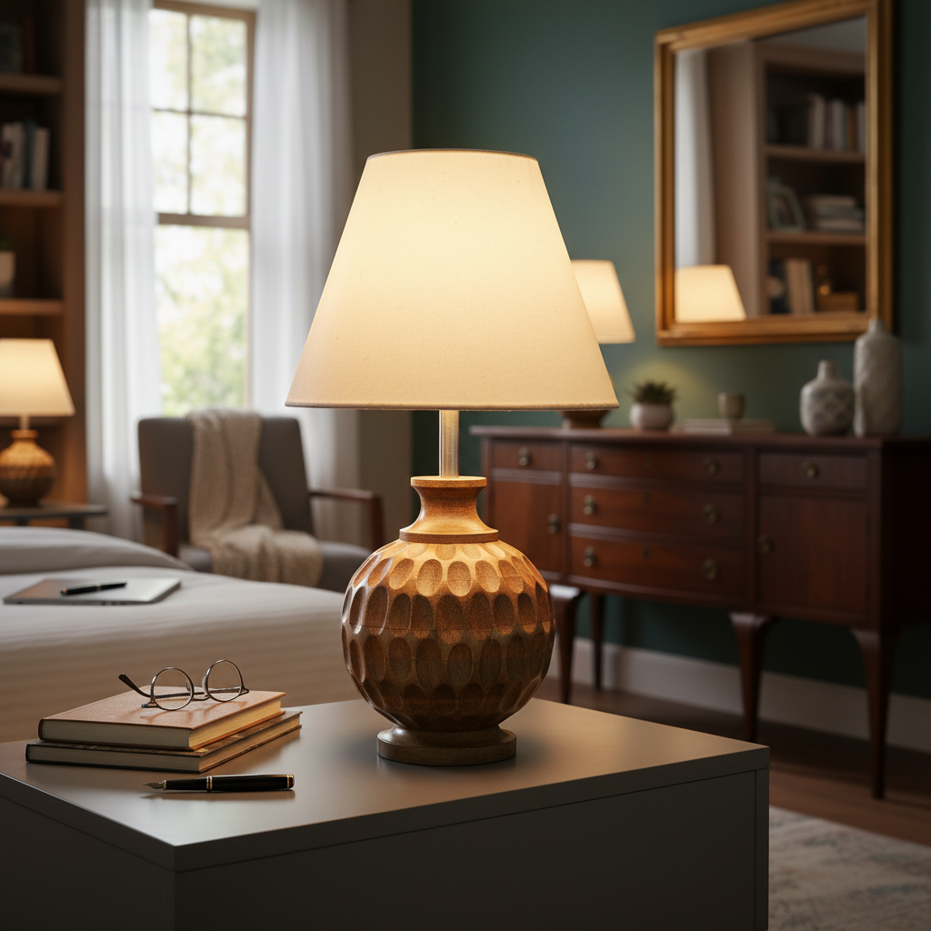 Artisan Carved Wood Table Lamp – Elegant Bedroom & Living Room Accent Light, Pack Of 1(White) - Image 6