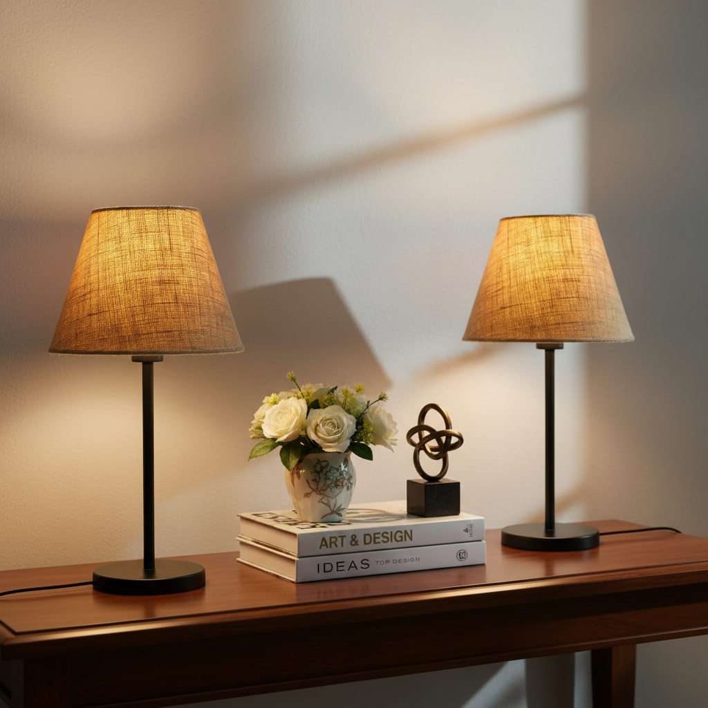 Slim Contemporary Night Lamp – Fabric Shade Accent Light for Home & Office, Pack Of 2(Natural Jute) - Image 2