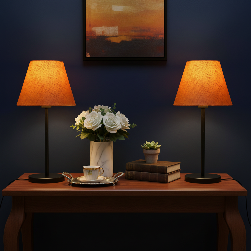 Slim Contemporary Night Lamp – Fabric Shade Accent Light for Home & Office, Pack Of 2(Orange Texture) - Image 2