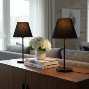 Slim Contemporary Night Lamp – Fabric Shade Accent Light for Home & Office, Pack Of 2(Black)