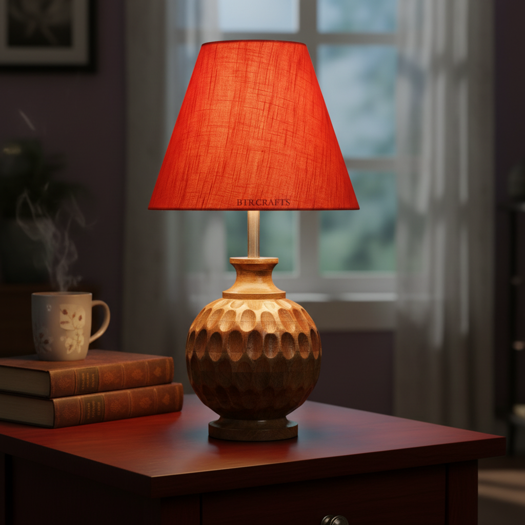 Artisan Carved Wood Table Lamp – Elegant Bedroom & Living Room Accent Light, Pack Of 1(Red Texture)