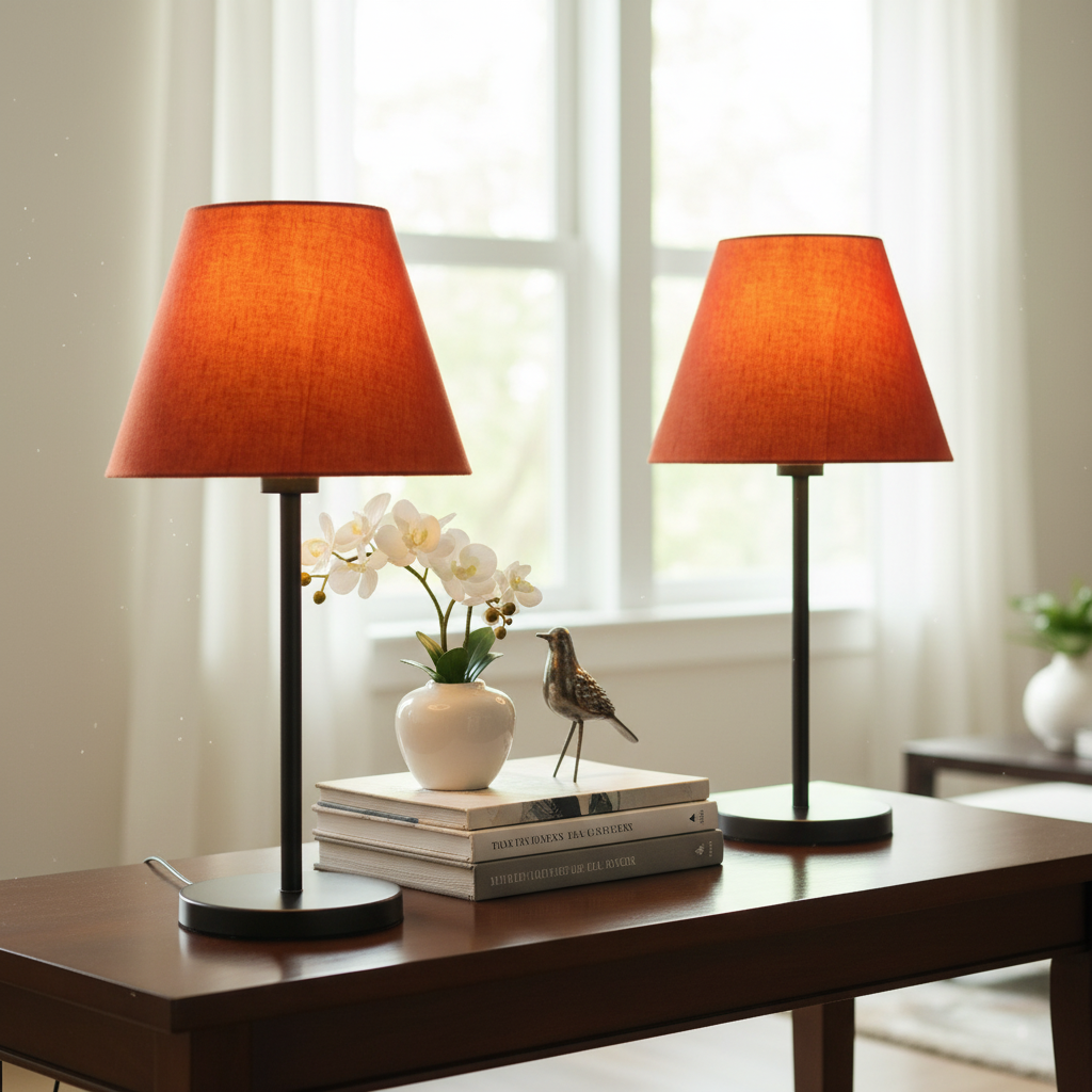 Slim Contemporary Night Lamp – Fabric Shade Accent Light for Home & Office, Pack Of 2(Red Texture)