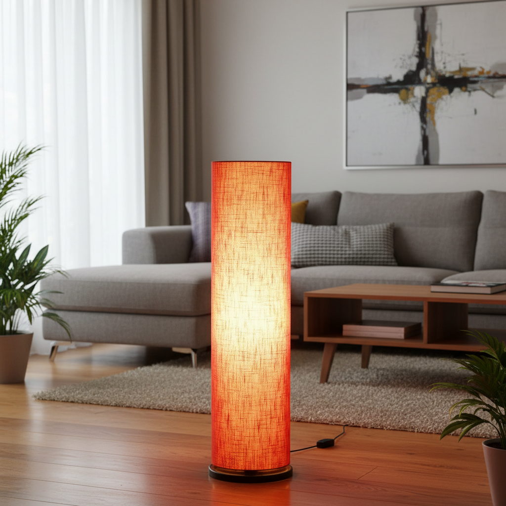 Wooden Base Cylinder Shape Corner Decorative Floor Lamp, Red Texture - Pack Of 1