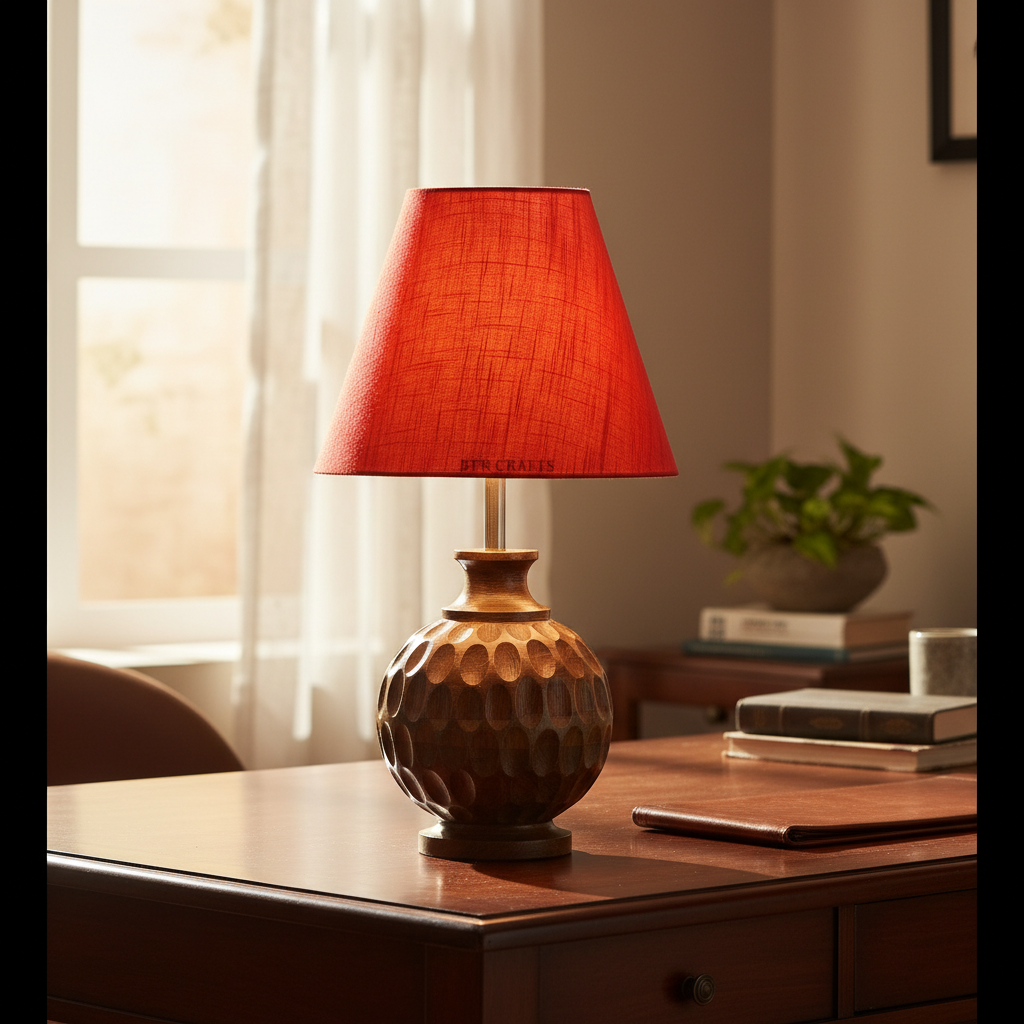 Artisan Carved Wood Table Lamp – Elegant Bedroom & Living Room Accent Light, Pack Of 1(Red Texture) - Image 11