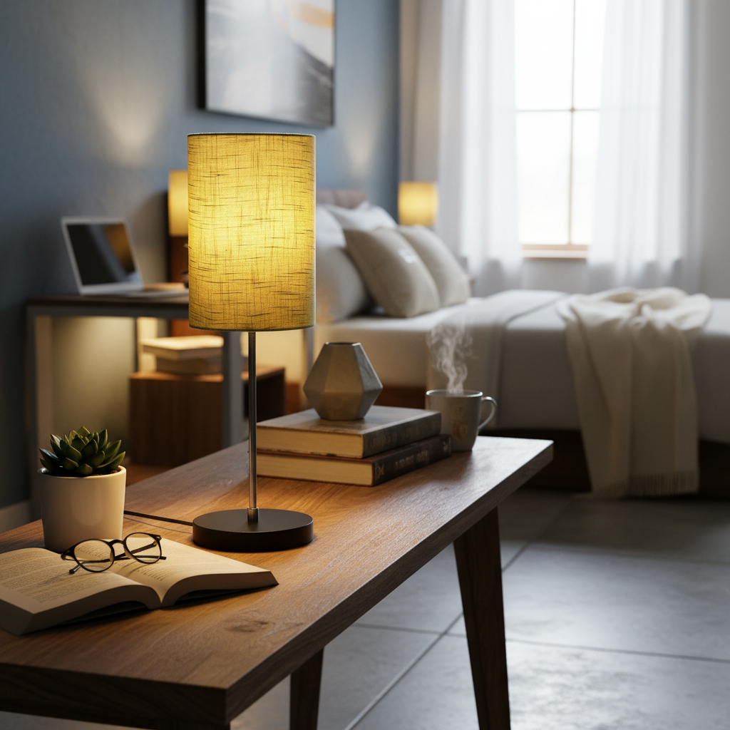 Minimalist Desk Lamp with Black Round Base – Soft Warm Lighting for Living Room & Study, Pack Of 1(Green Texture Cylinder) - Image 3