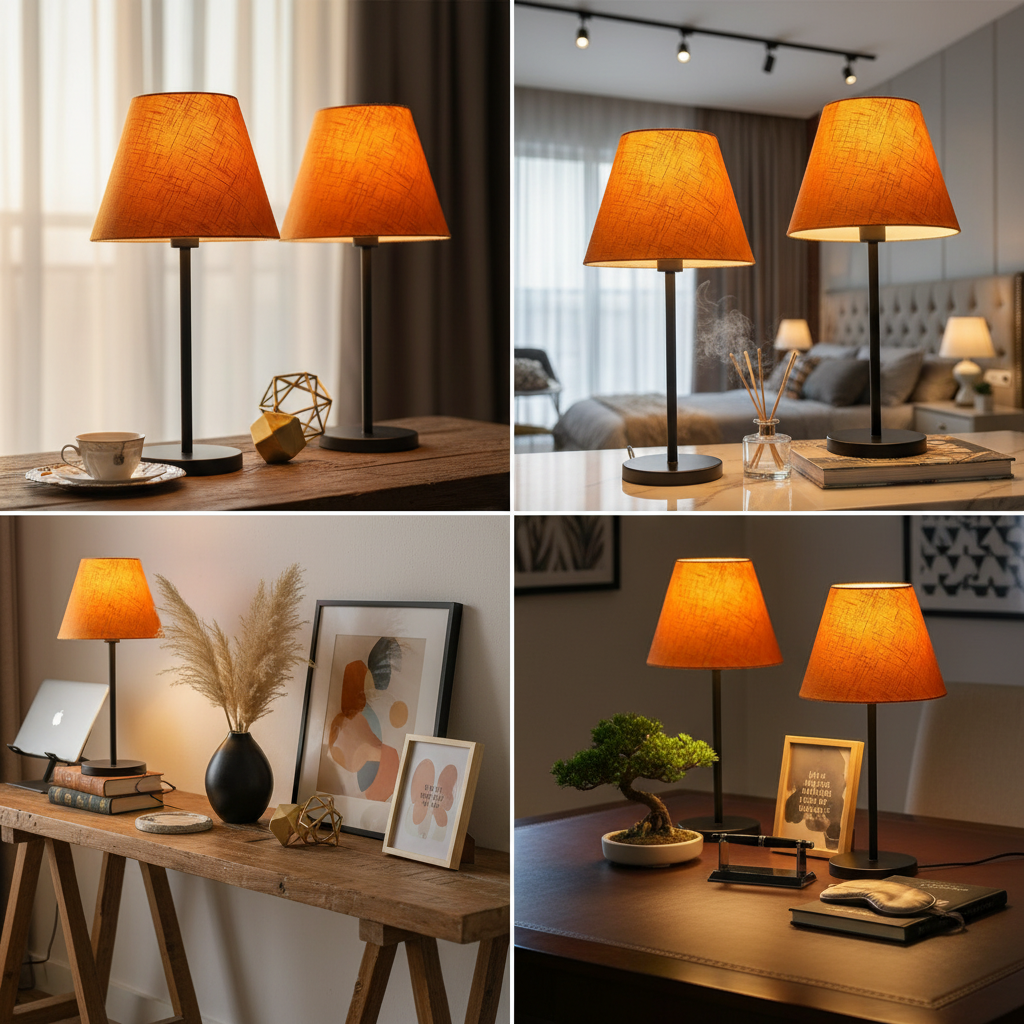 Slim Contemporary Night Lamp – Fabric Shade Accent Light for Home & Office, Pack Of 2(Orange Texture) - Image 9