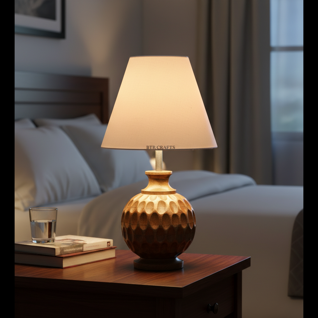 Artisan Carved Wood Table Lamp – Elegant Bedroom & Living Room Accent Light, Pack Of 1(Cream) - Image 3