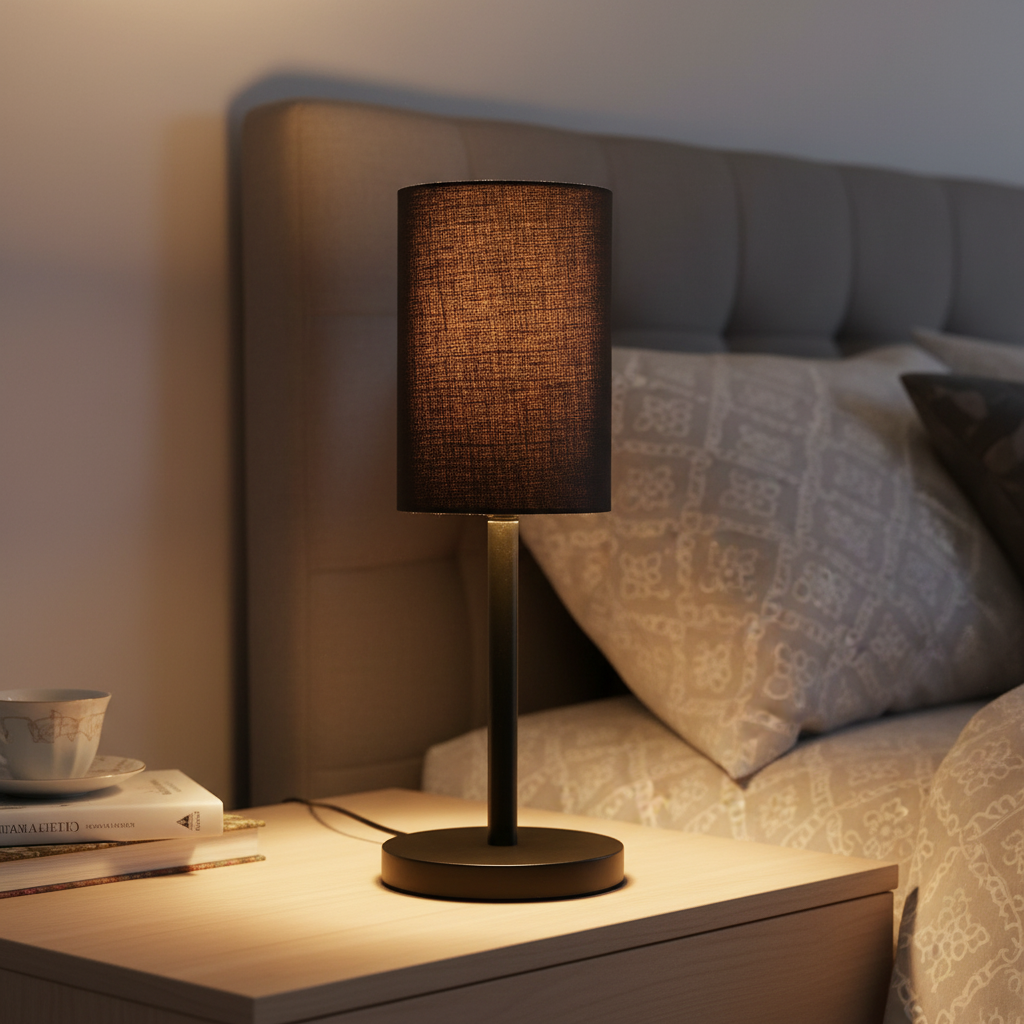 Black Bedside Lamp with Cylinder Fabric Shade Minimalist Lamp for Bedroom, Living Room & Office – Warm Ambient Nightstand Light(Black)