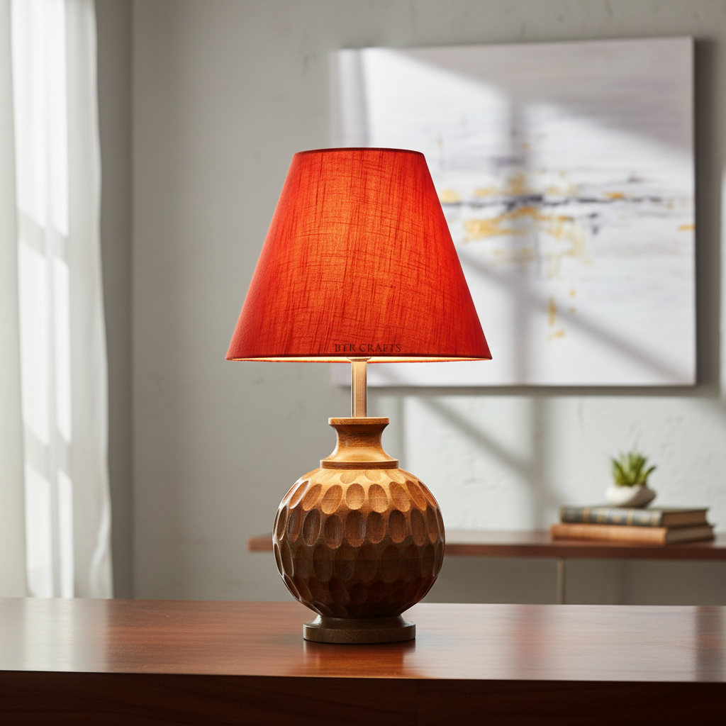 Artisan Carved Wood Table Lamp – Elegant Bedroom & Living Room Accent Light, Pack Of 1(Red Texture) - Image 9